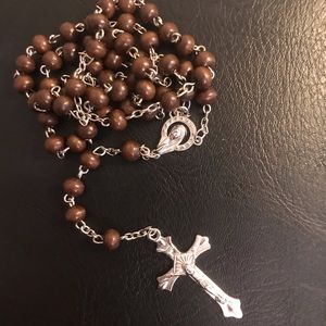 Brown Rosary Necklace Prayer Beads with Cross NEW